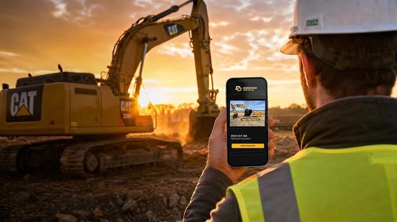 Construction professional at a sunset job site uploading a Caterpillar excavator listing on the Digging Deals app